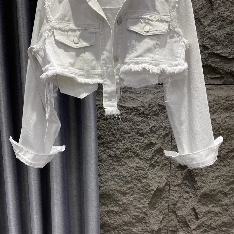 

Autumn New White Denim Jacket Women Loose Fit Short Top Coat Korean Version Straight Tube Collar Female Tops