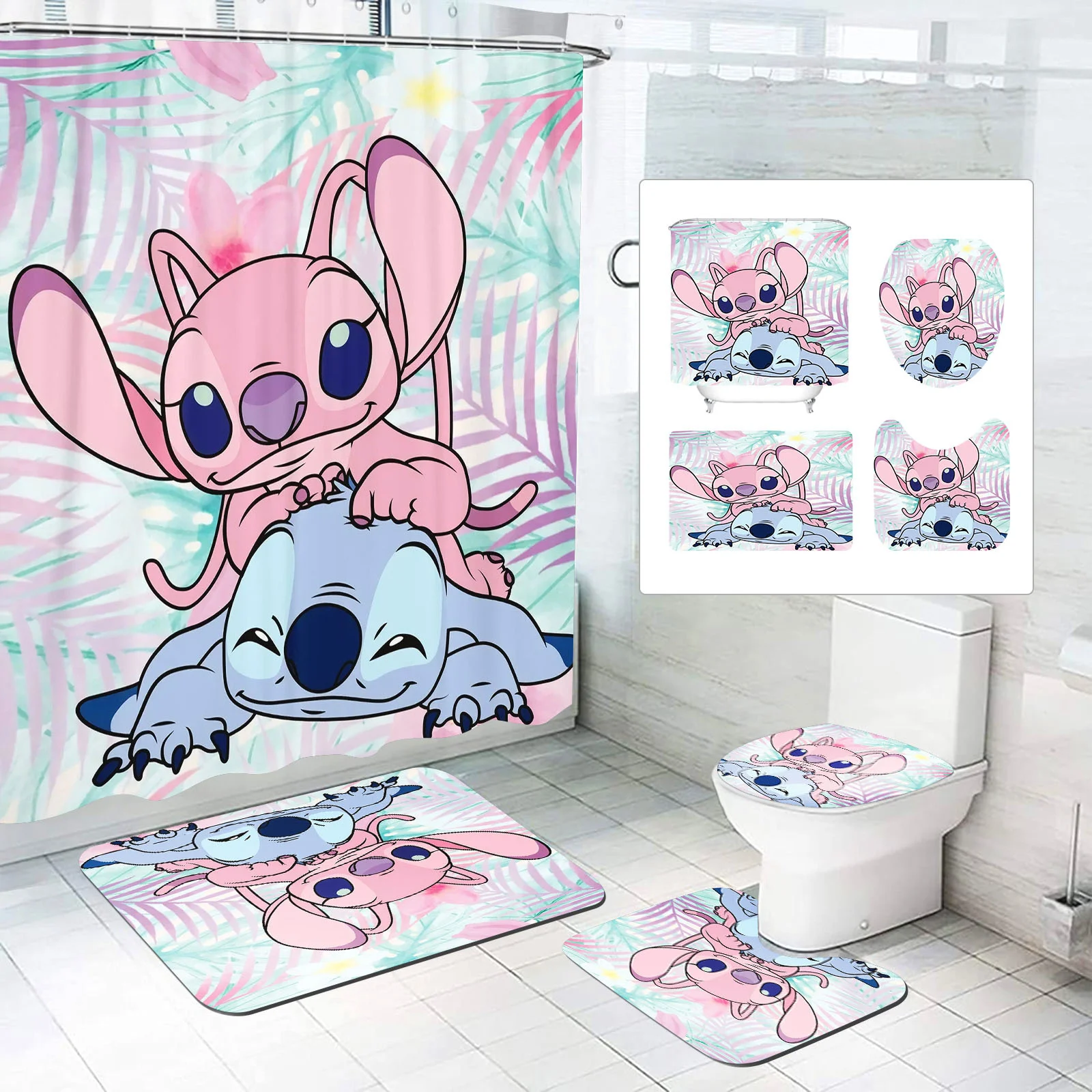 

Bathroom Set with Shower Curtain and Rugs Cute Stitch Cartoon Waterproof and Non-slip Set Mats Luxury Decorations 4 Pcs