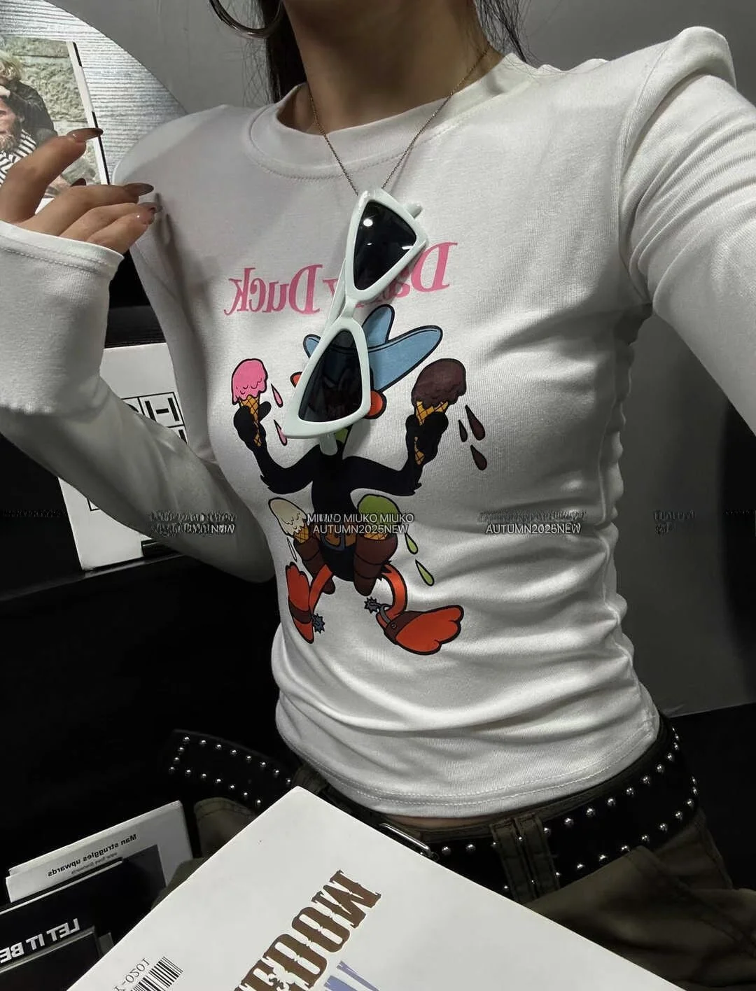 เสื้อยืดทรงเข้ารูป แขนยาว ผ้าคอตตอน ดีไซน์เอวสูง สไตล์เกาหลี เหมาะสำหรับใส่ทำงานหรือเดินทาง