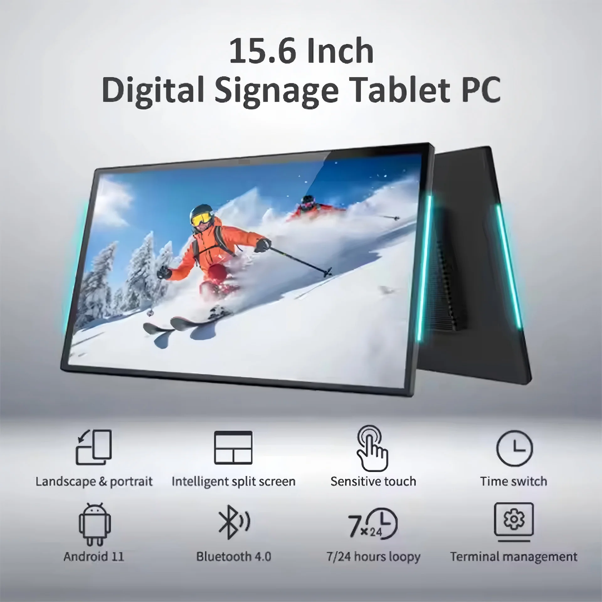 15.6 Inch Wall Mount Android 14 Commercial Tablet, 4G+32G Touch Screen with LED Light Bars, 7x24 Hours POE Smart Home Control