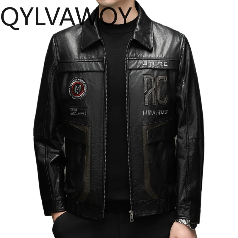 QYLVAWOY Men's Real Cowhide Leather Jacket Short Jackets for Man Leather Coat Motorcycle Jacket American Style Chaqueta Fashion