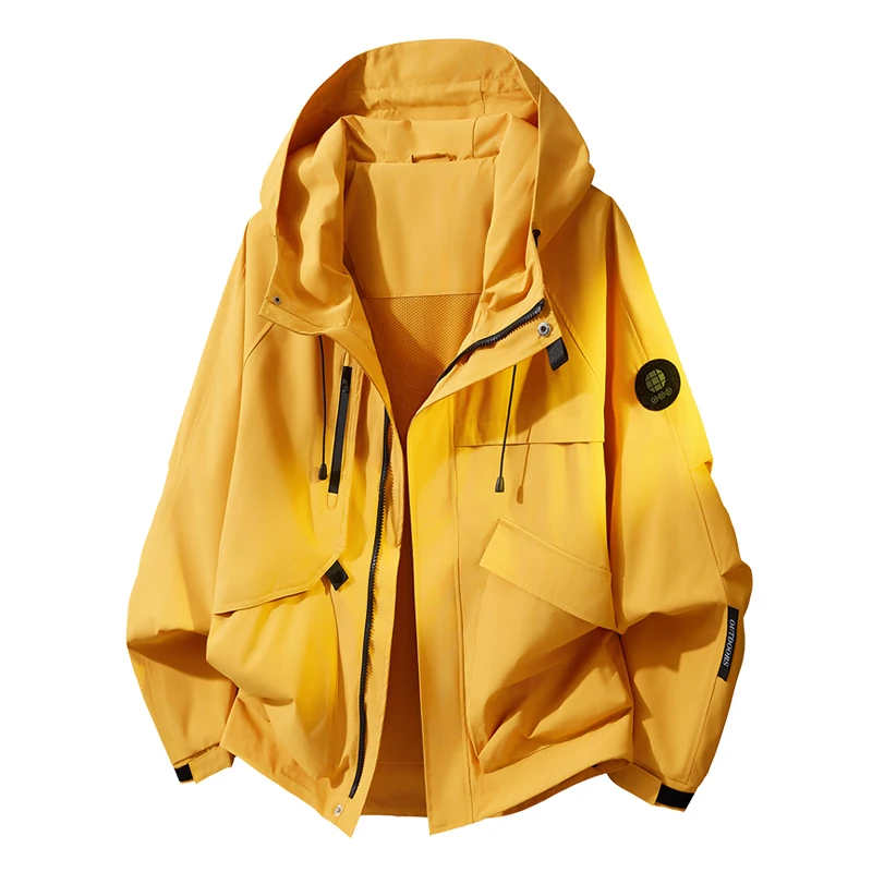Men Hooded Windbreaker Jacket Multi‑Pocket Patch Badge Decor Windproof Outdoor Hiking Loose Oversized Casual Street Outerwear Co