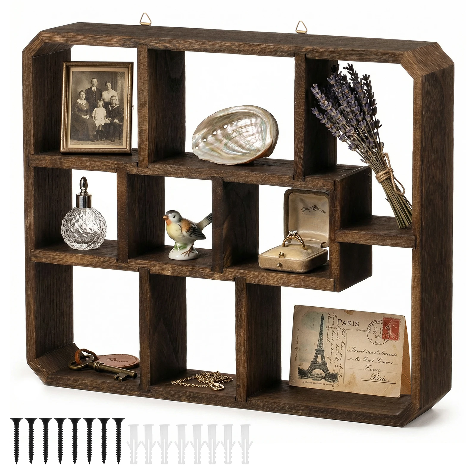 9-Fach Holz-Schweberegal im Vintage-Stil, Multifunktionale Schattenbox-Vitrine für Wohnzimmer-Dekoration