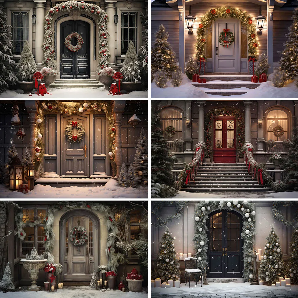 

Mocsicka Photography Background Winter Outdoor Snow Vintage Door Christmas Garland Baby Kids Portrait Photo Backdrop Shoot Props