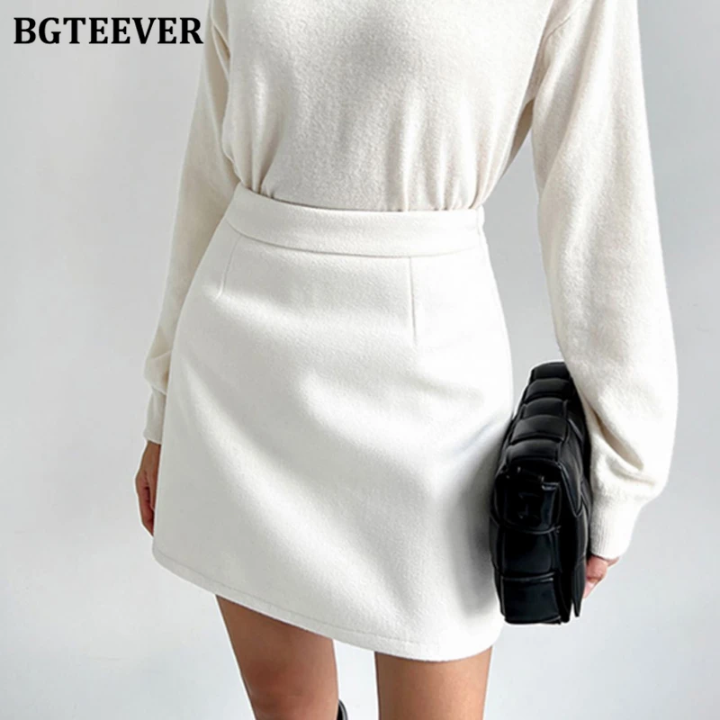 

BGTEEVER осенне-зимние мини-юбки с высокой талией для женщин, элегантные теплые женские шерстяные юбки трапециевидной формы