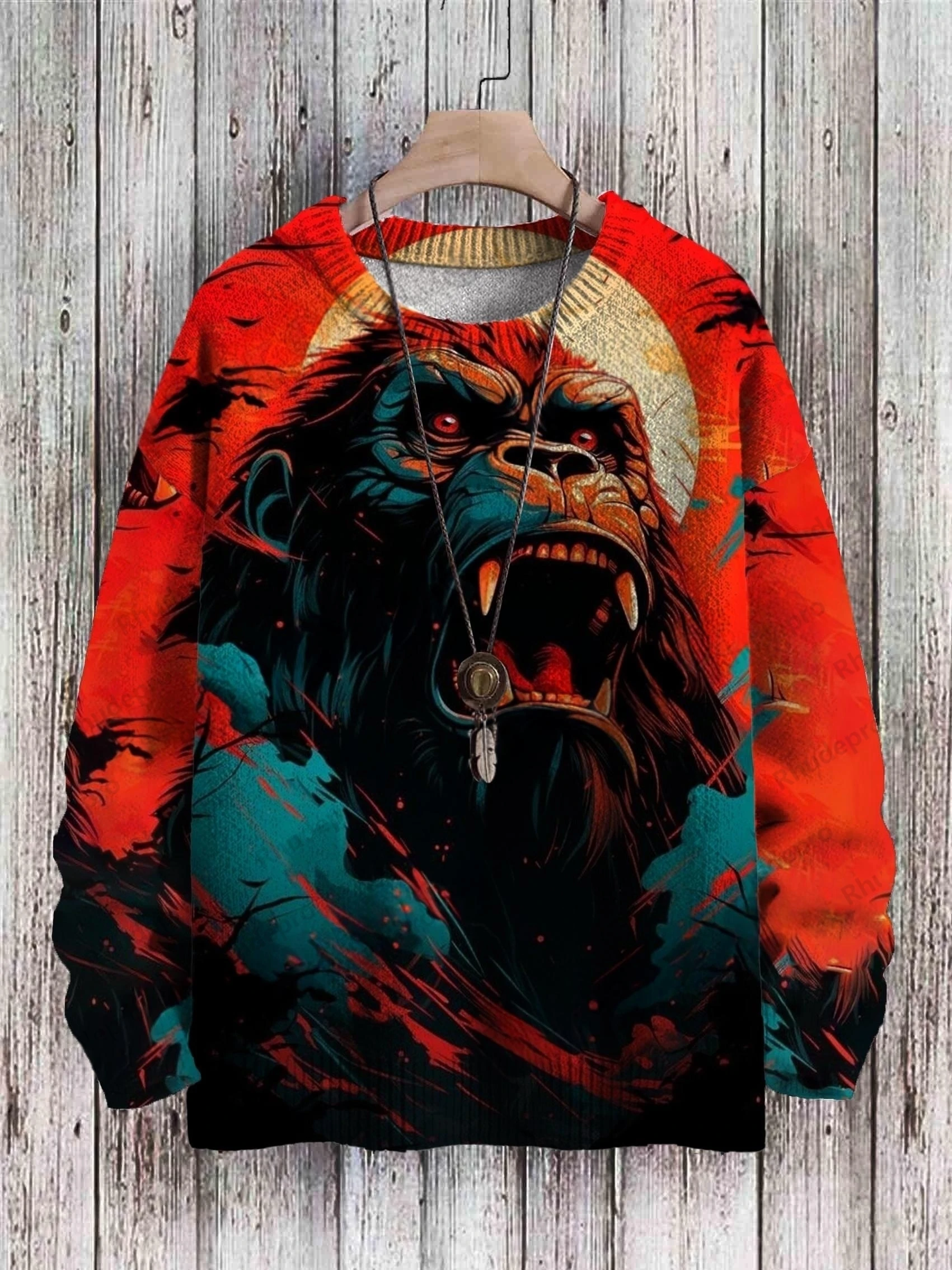 Men's Retro Crow Flower & Ferocious Gorilla Pattern 3D Printed Knitted Pullover Sweater Winter Unisex Casual Knitwear