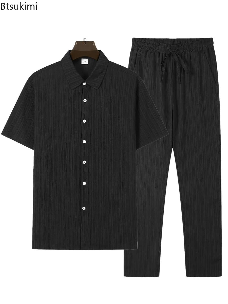 Spring Summer New Style Men's Sets Fashion Solid Short Sleeve Button Cardigan Tops and Pants 2 Piece Sets Man Casual Sports Suit