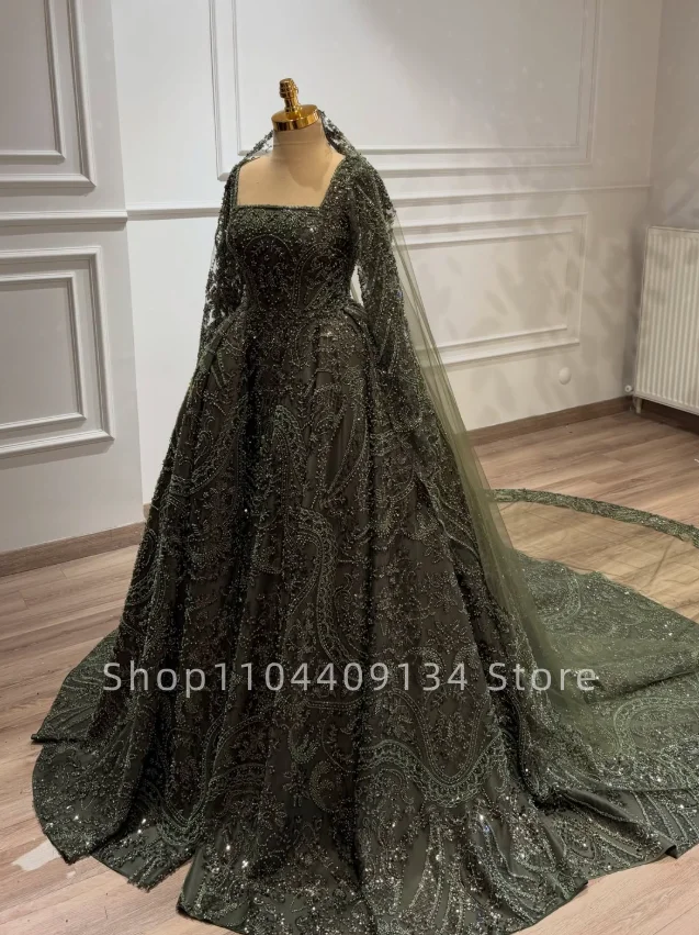 Army Green Luxury Bridal Gown Arabic Beaded Square Neckline Henna Afghan Wedding Dress Long-sleeved Wedding Gown Customized