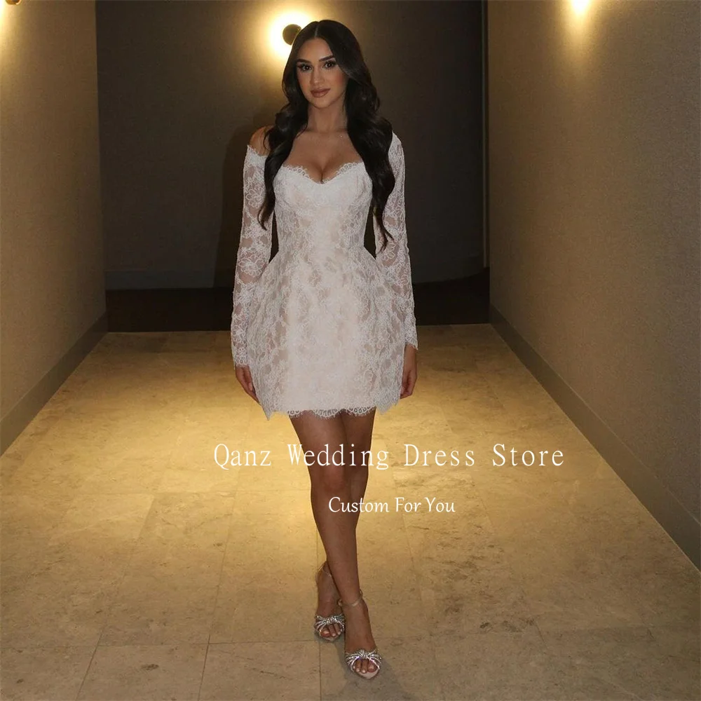 Qanz Bohemian Short Wedding Party Dress Customized Long Sleeves Lace Appliques Vestidos De Novia Mermaid Corset Robe Chic élégan