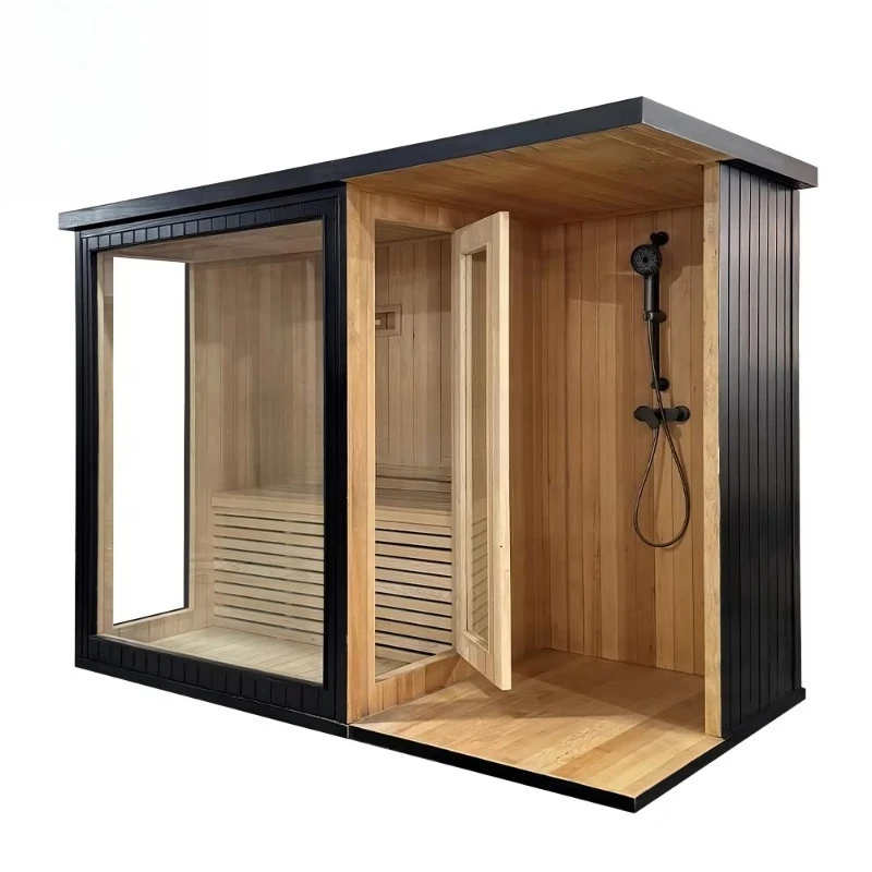 Luxury Outdoor Spa Sauna Combo 4-6 Person Solid Wood Dry Sauna with Steam Shower for Backyard Wellness