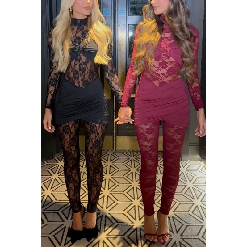 레이스 루슈 하이넥 스키니 스플라이싱 바디콘 롬퍼 생일 의상 섹시 메쉬 홀 아웃 시어 점프수트 나이트 클럽웨어