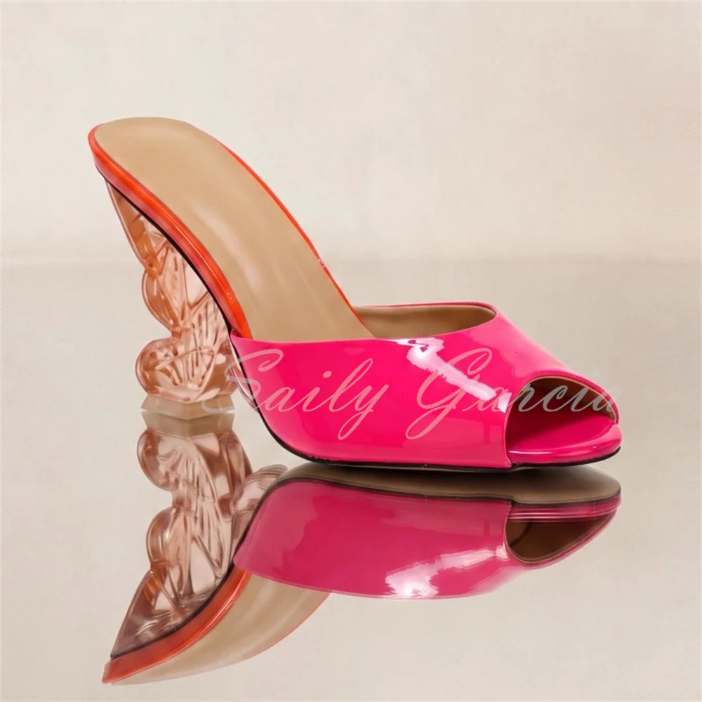 Pink Patent Leather Sculptural Heels Slippers Women Sexy Open Toe Strange Heel Solid Color Slingback Runway Style Dress Mules