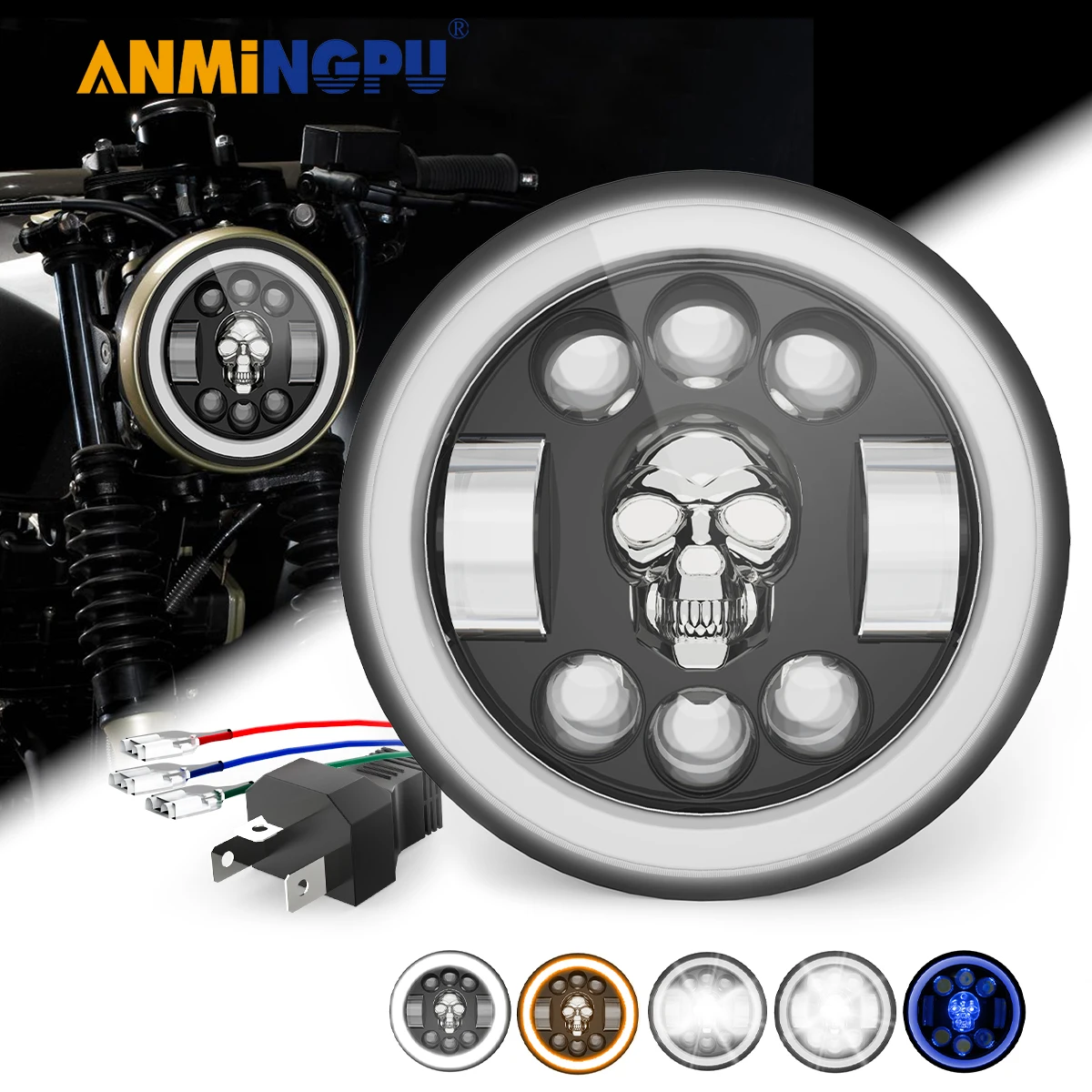 

5.75 Inch Round LED Skull Headlight Pattern with High/Low Beam Turn Signal DRL Colorful Angle Eye Light For 4X4 Offroad Moto