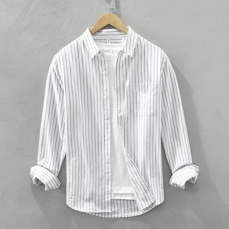 

8858 Spring Fashion Men's Japan Style Loose Casual Long Sleeve Striped Shirt Teens Simple Basic Classic Blouses 100% Cotton Tops