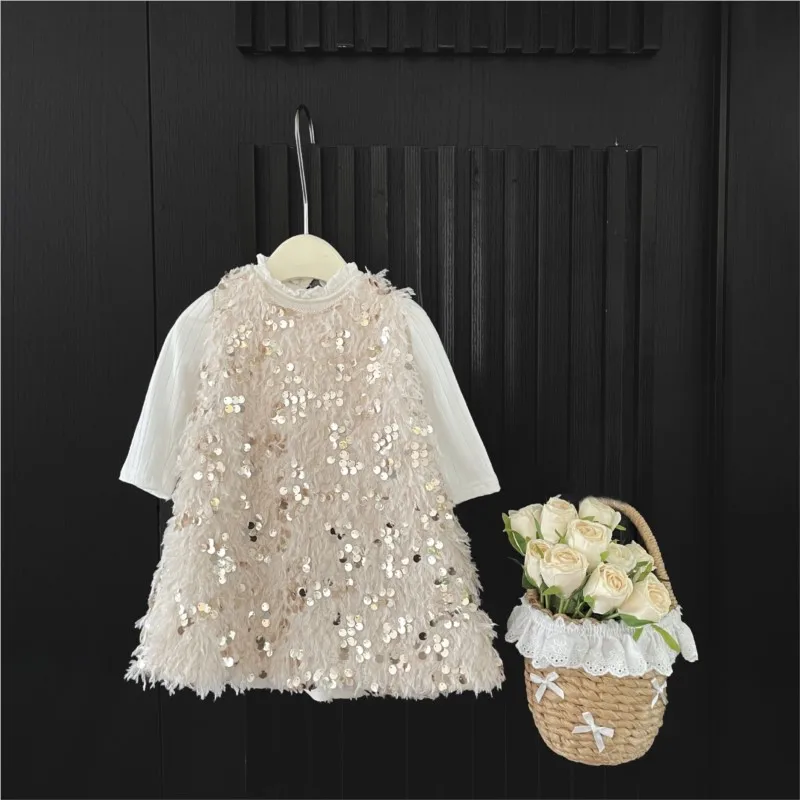 Newborn Baby Girl Plume Sequin Princess Vest Dress Infant Toddler Sleeveless Elegant Vestido Birthday Party Autumn Clothes 3-18M