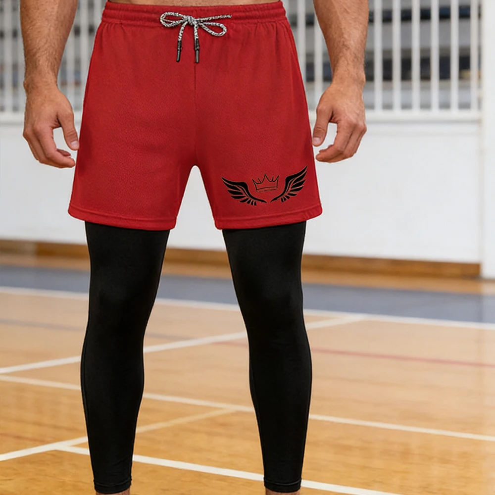 

Men's Double-Layer Athletic Pants with A crown Wings Print Featuring Towel Loops and Pockets Quick-Drying Running Training Pants