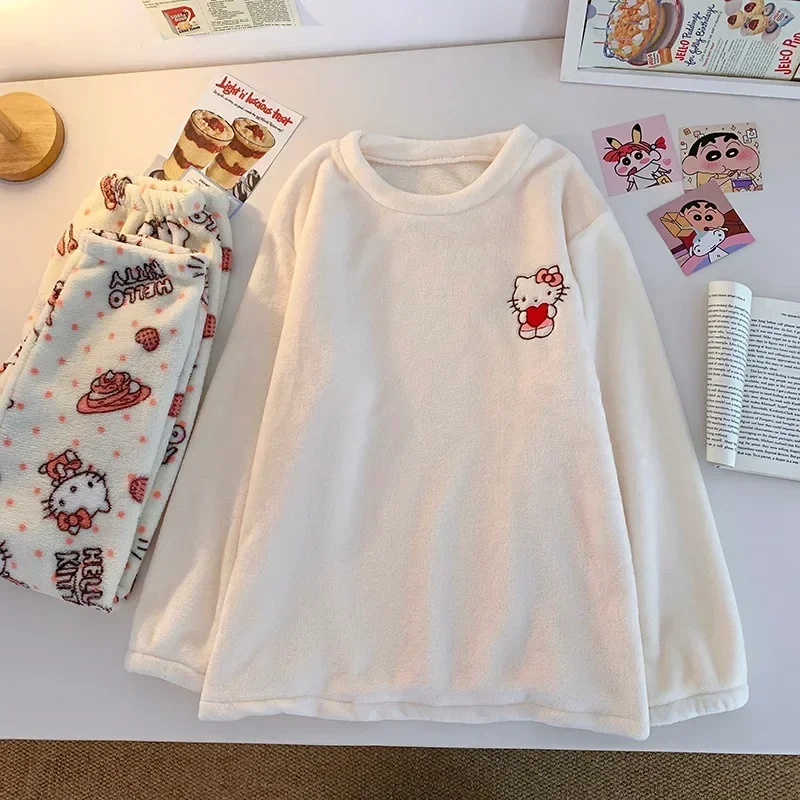 Sanrio Hello Kitty Winter Pure Cotton Coral Fleece Warm Long Sleeves Women\'s Pajamas Silk Pajamas Women\'s Sleepwear Suit