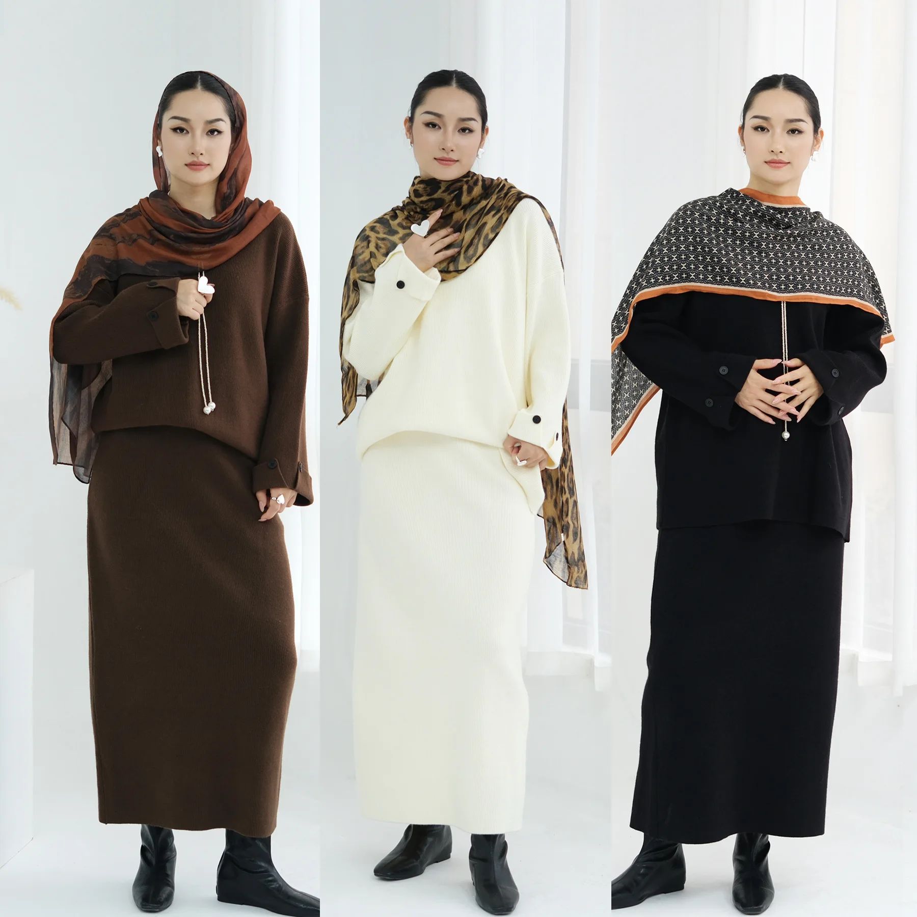 

Autumn Winter Muslim Sets for Women Knotted Tops Skirt Turkey Outfits Sweater Dress Dubai Abaya Kaftan Femme Musulmane Ensembles