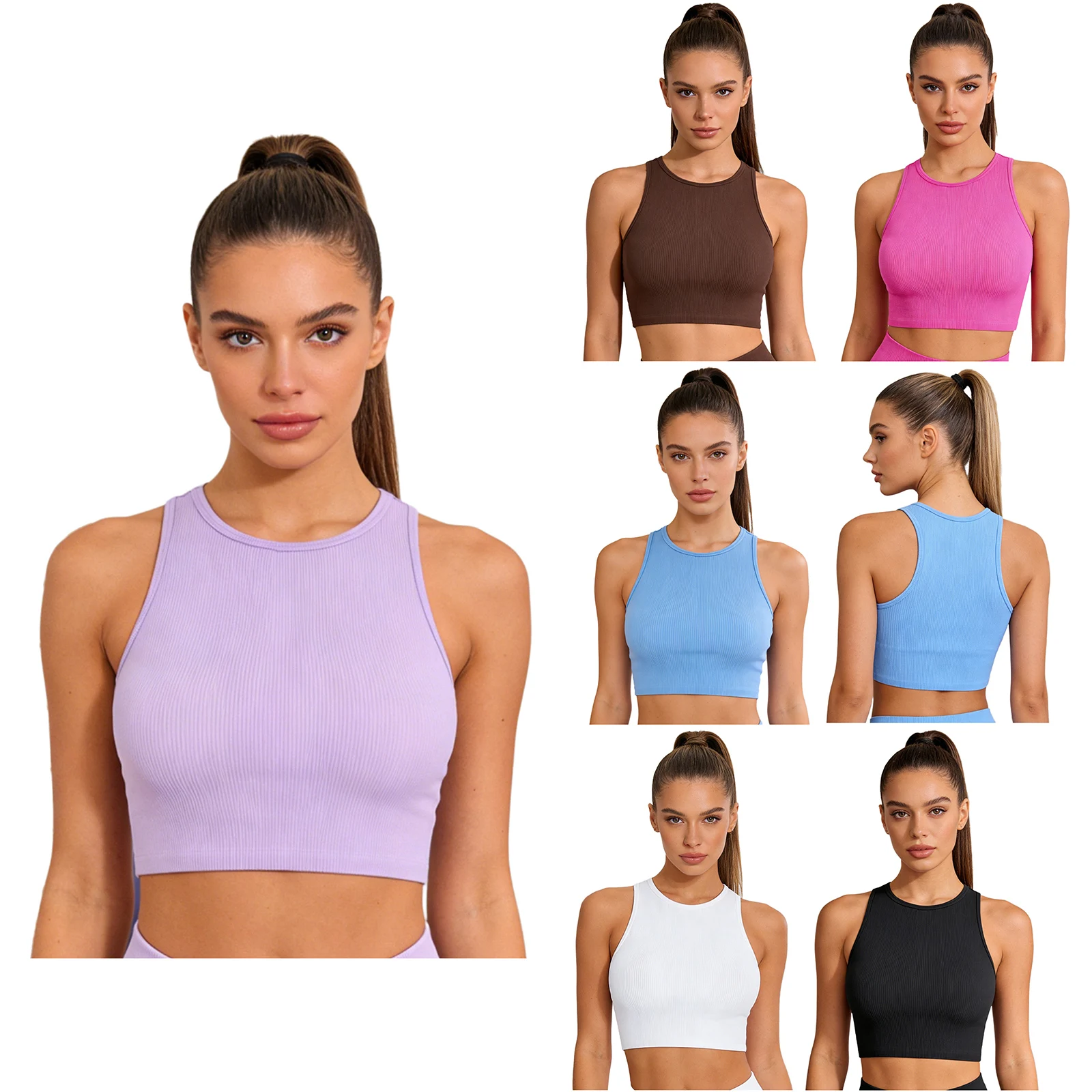 Womens Female Ribbed Vest Quick-drying Moisture-wicking Sports Crop Tank Top for Sportswear Yoga Workout Gym Fitness Running