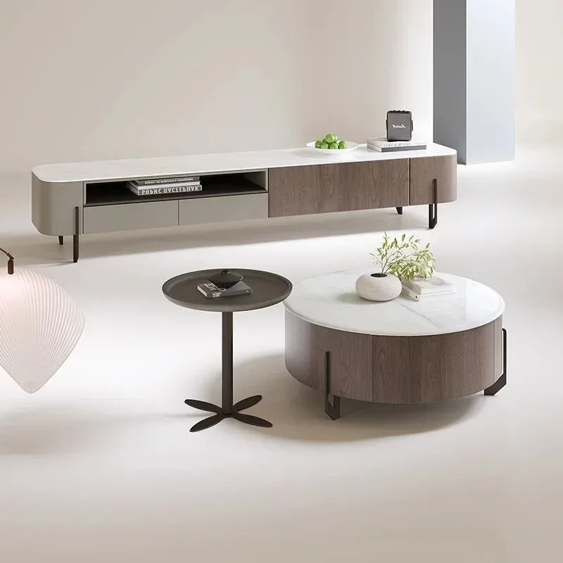 Juego de mesa de centro redonda con tapa de mármol y madera de lujo moderna, sofá para sala de estar con cajones, diseño de muebles multifuncionales