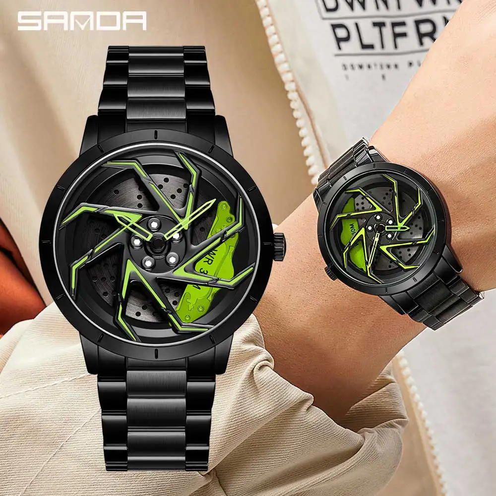 Fashion Hot Sell Car Rim Men Watches Stainless Steel Waterproof Sport Watch 360 Degree Rotating Wheel Rim Dial Quartz Wristwatch