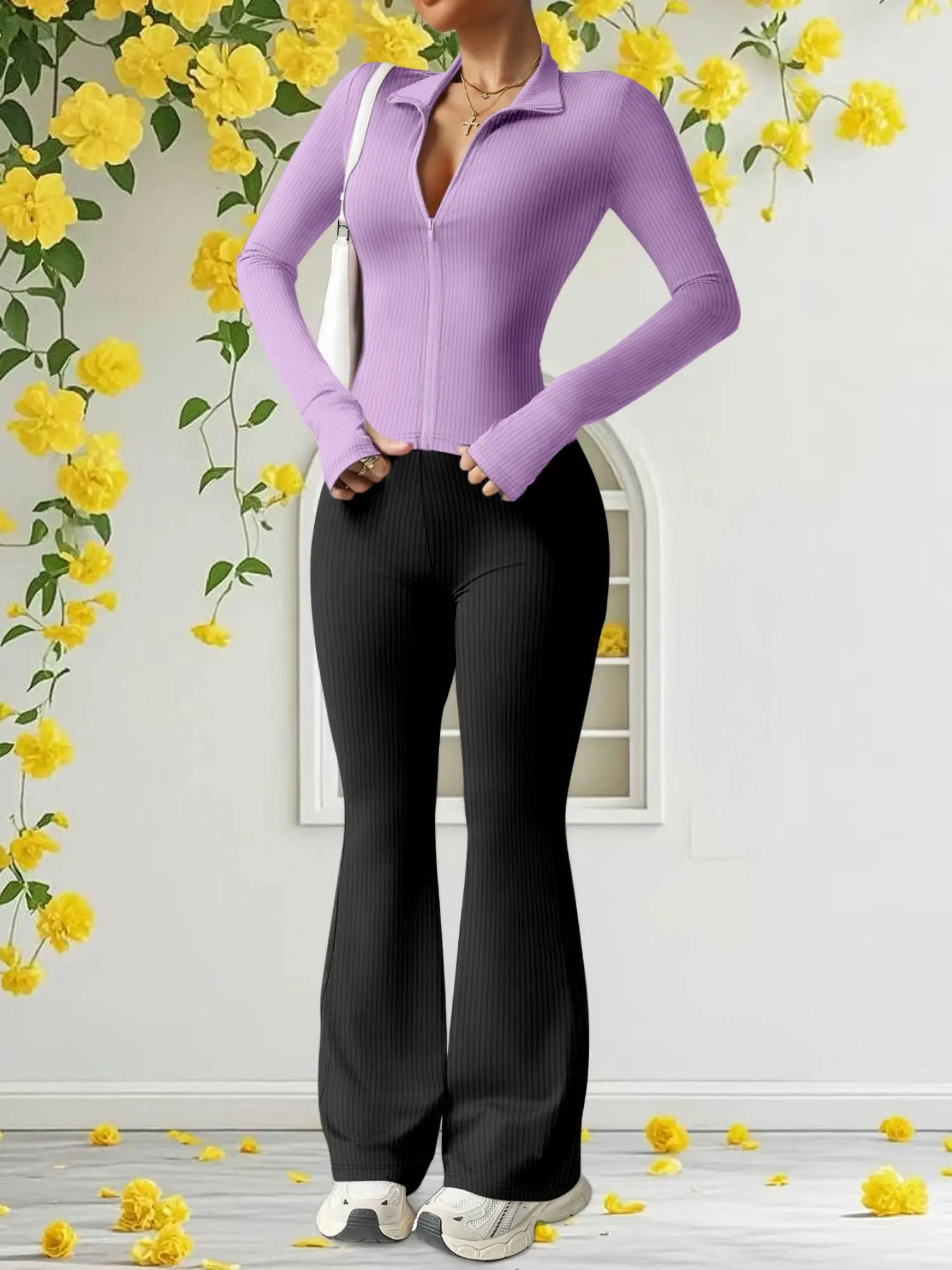 

Elegant Women's 2 Piece Knit Tracksuit, Long Sleeve Zip Top & High Waist Pants, Simple Fashion Daily Outfit