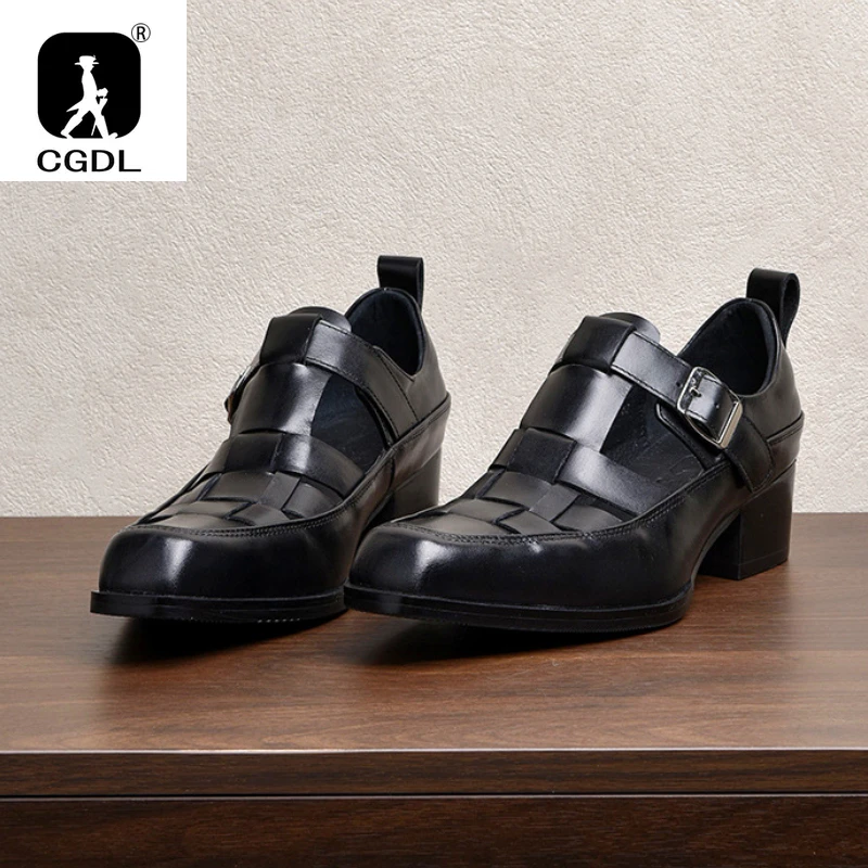

Retro Mens Genuine Leather Business Sandals 5 Cm Height Handmade Quality 2025 Summer Outdoor Hollow Social Shoes High Heels Male