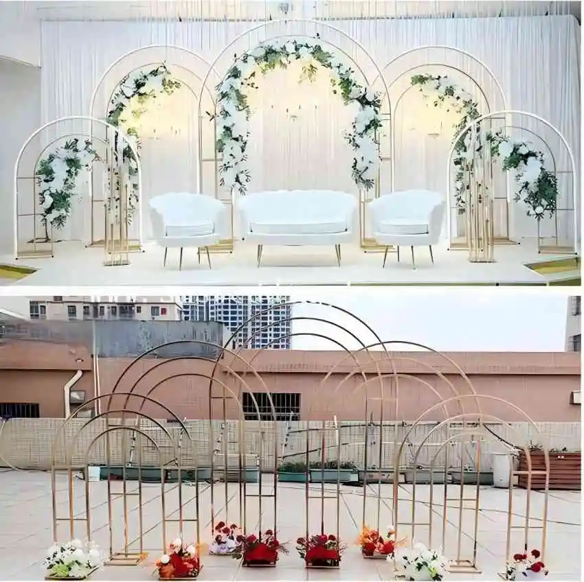 Popular wedding iron curved three-pole arch personalized outdoor wedding scene layout props simulation silk flower screen rack