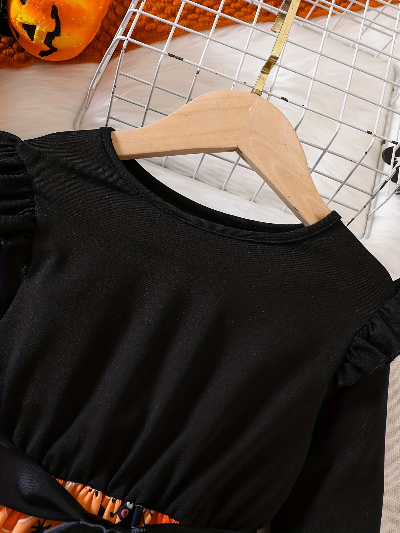 Mädchenkleidung, Mädchenkleid, Halloween-Kleid, gestricktes Langarmkleid mit Rundhalsausschnitt, Kleid mit Kürbis-Print, Party, Geschenk – Detail 4