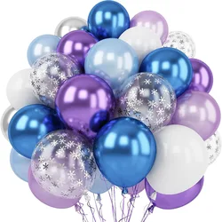 Frozen-Themed Balloons, 60-Pack 12inch (Approx. 30.5cm) Metallic Purple, Blue, White, and Silver Balloons with Snowflakes and Confetti, Suitable for Frozen-Themed Birthday Parties, Baby Showers, Christmas, and Winter Wonderland Party Decorations