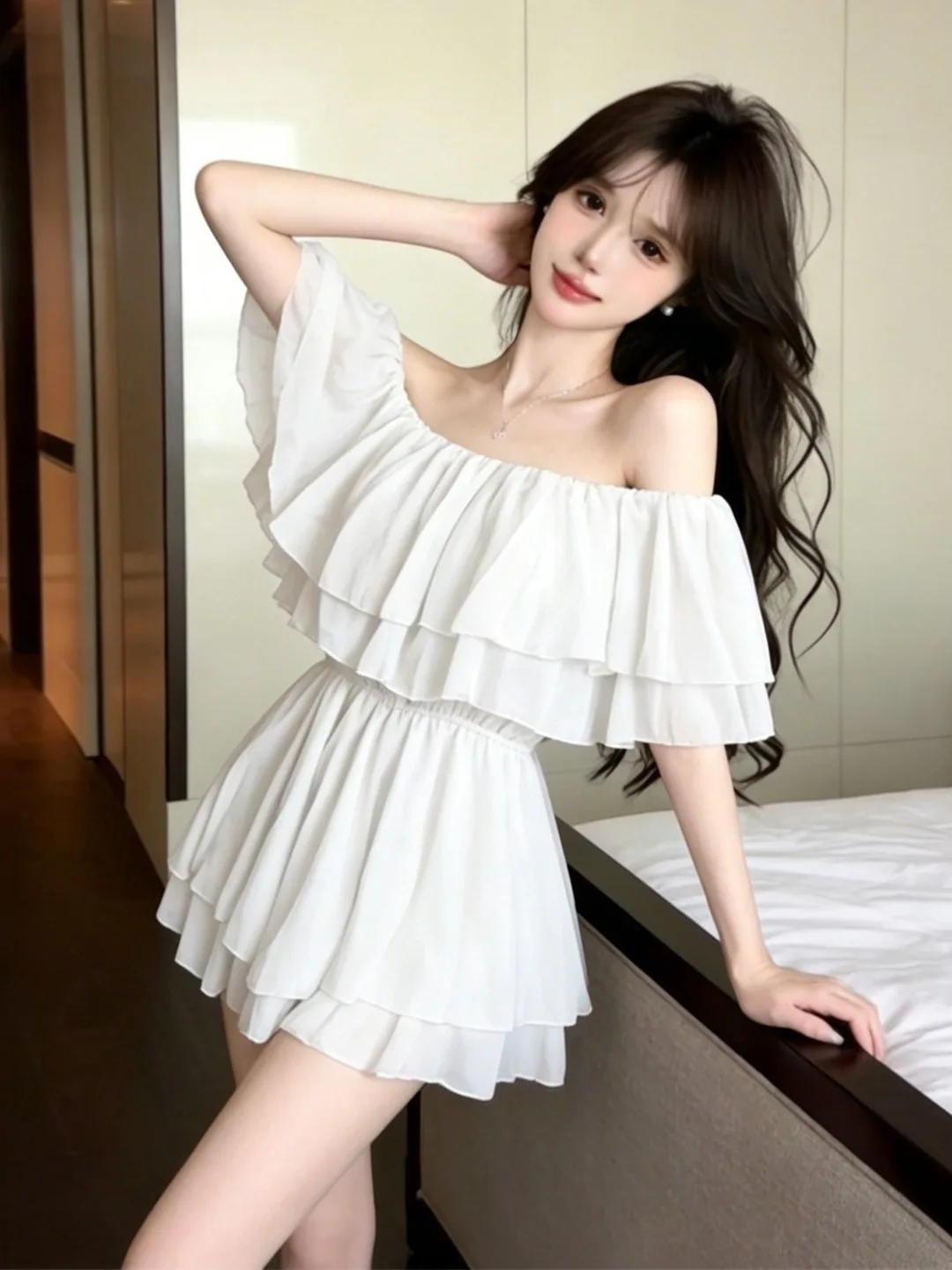 Sweet Pure Desire One Shoulder Ruffle Hem Tube Top Holiday Dress Age Reduction Shoulder Bared Midi Skirt Women's Dress