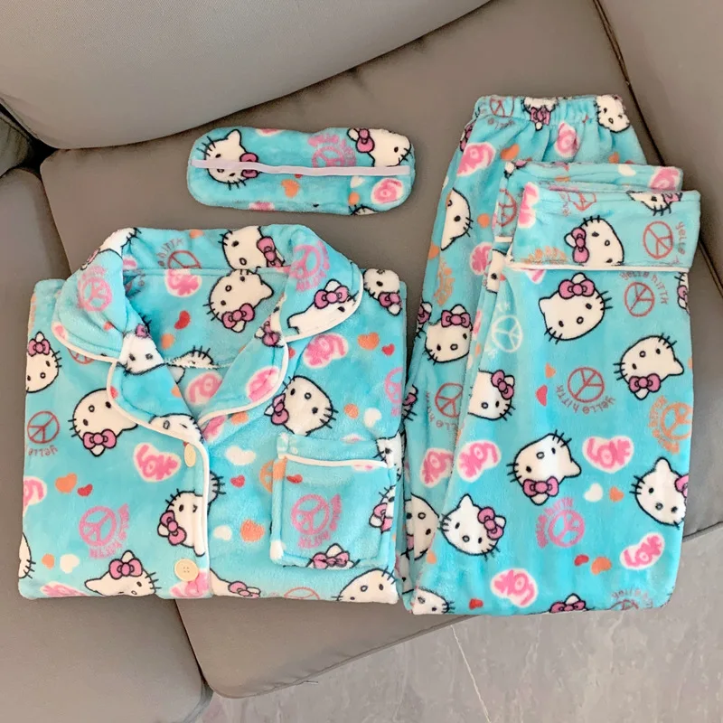 Cartoon Sanrioed Hello Kittys Sweet Loungewear Thickened Thermal Lapel Cute Pajamas Coral Fleece Pajama Set Christmas Present