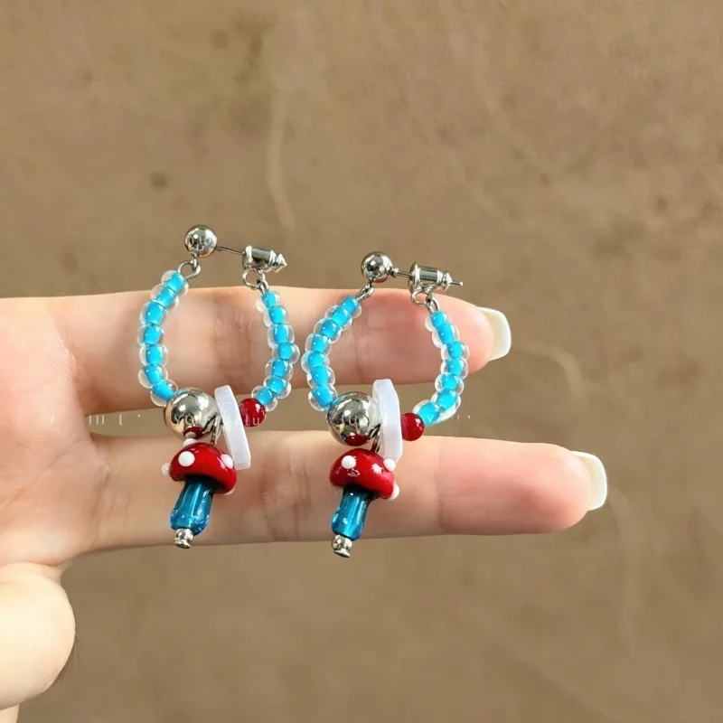 Adorable Mushroom Shaped Earrings Women's Fashion Jewelry  Outburst Color Collision Blue Anti-Aging Summer Dopaamine Cli...