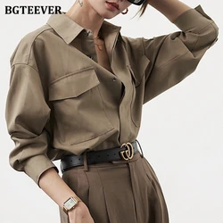 BGTEEVER Vintage Loose Single-breasted Female Shirts Spring Summer Lapel Full Sleeve Pockets Stylish Women Blouses Tops