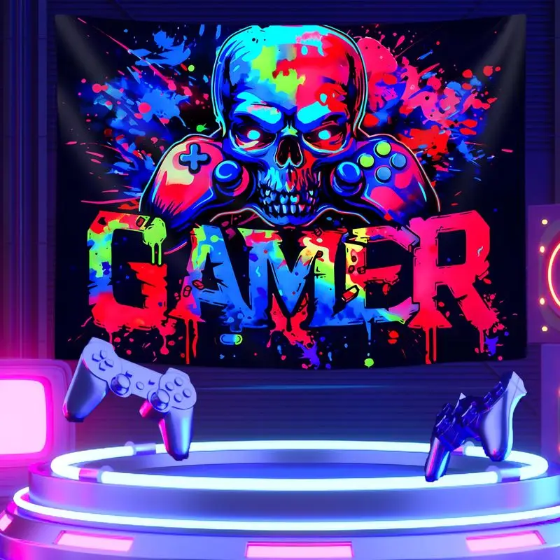 VIKAMA Splash Skull Game Controller Graffiti Letter Tapestry Polyester Print Wall Hanging Teen Boys Gaming Room Decor Cloth