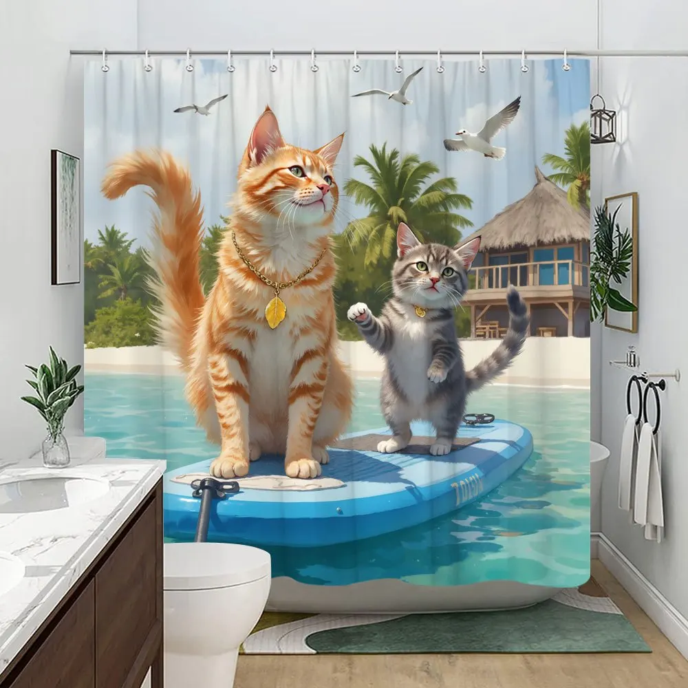 1pc 2D Flat Shower Curtain, Orange Gray Cats Paddleboard Palm Trees Thatched Hut Printed Shower Curtain, Decor for Bathroom