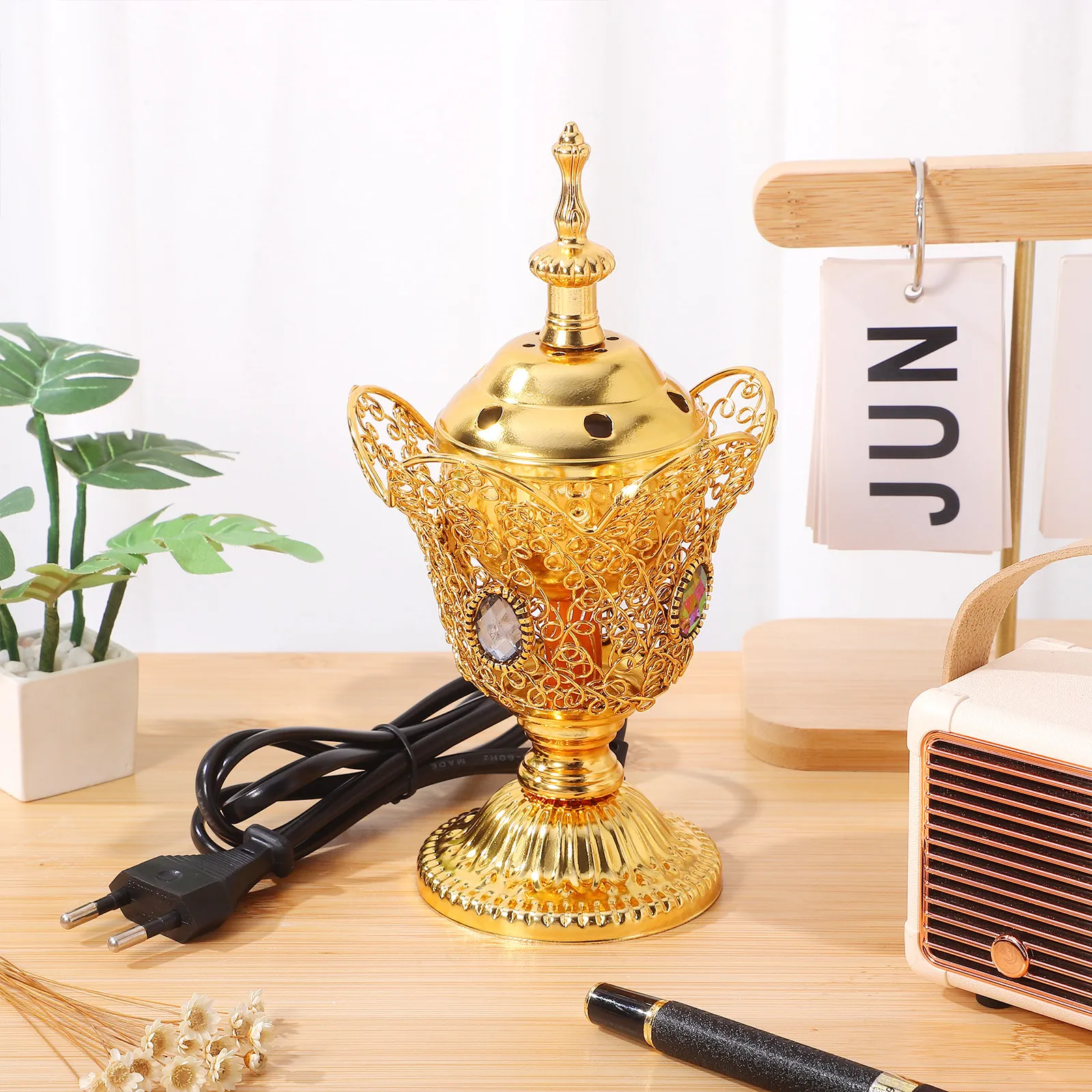 Middle Eastern Style Church Electric Censer Metal Incense Burner Gold Vintage Incense Burner Home Aroma Burner (EU Plug)