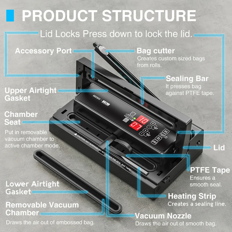 Mylar Liquid Catch Container, Máquina De Embalagem De Alimentos De Cozinha, Mylar Vacuum Sealer Compatível, Bomba Dupla Suave, 30cm, MS300