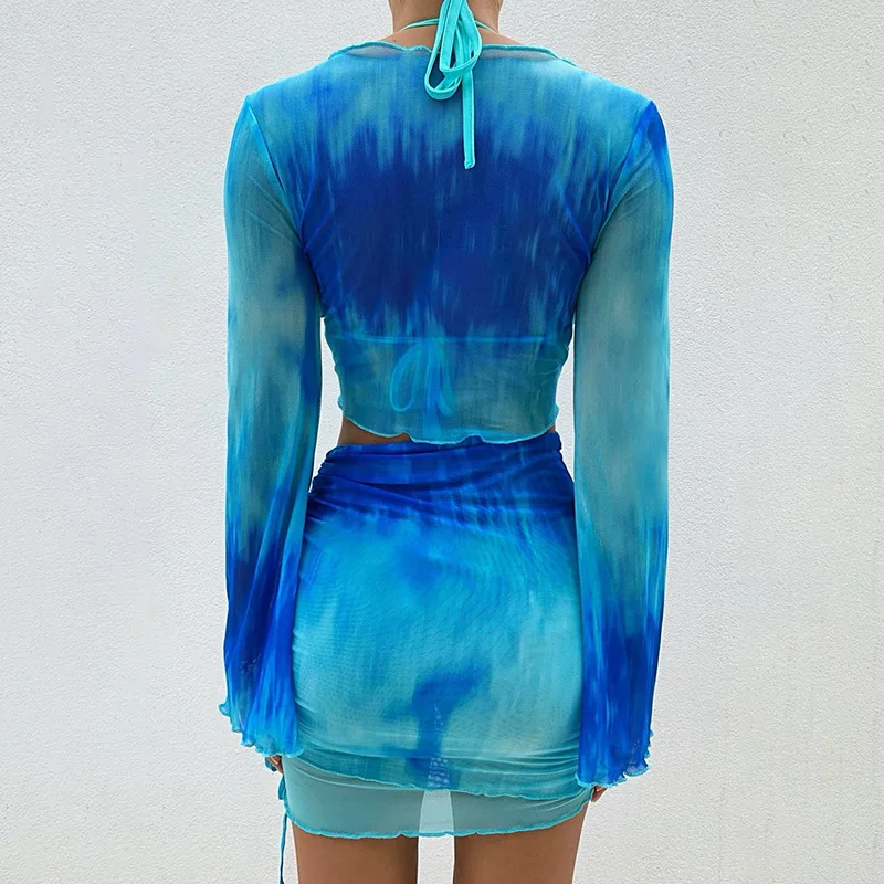 Nsangu Sexy Two Piece Set Blue Tie Dye Mesh Crop Top Cardigan Mini Skirts Beach Wear Vacation Outfits Summer