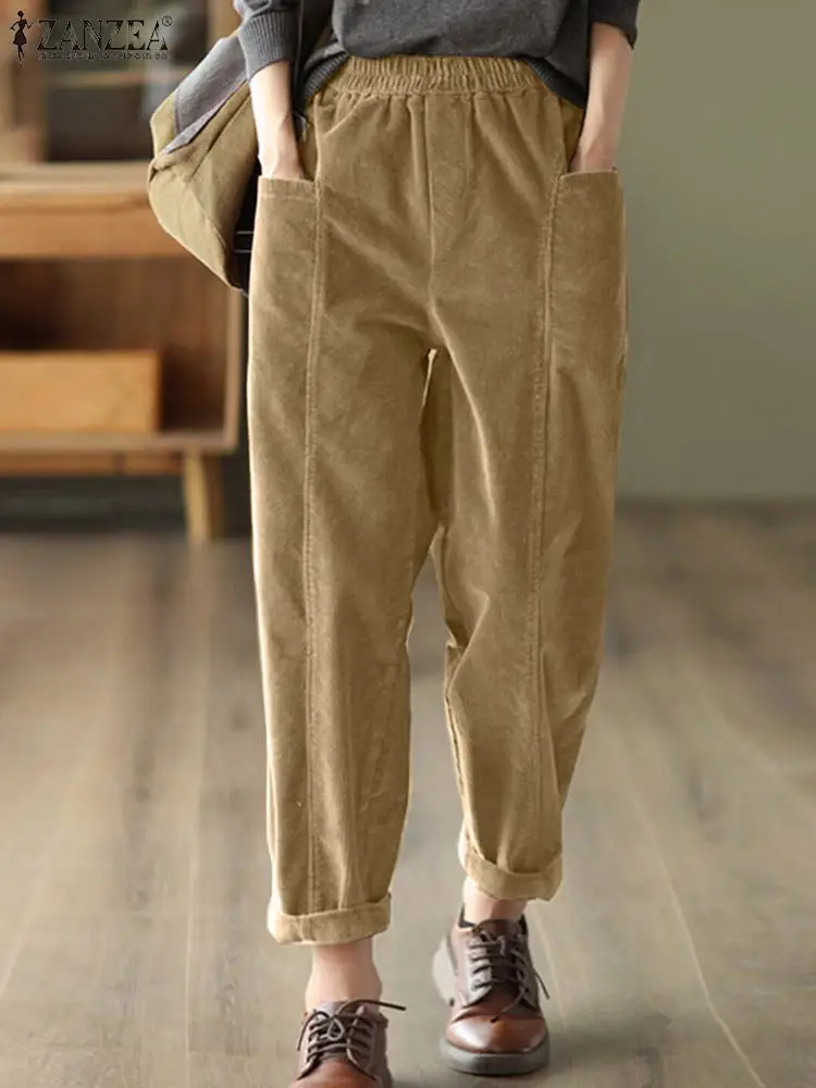 ZANZEA 2024 Autumn Elastic Waist Pockets Pantalons Women Long Pants Casual Loose Harem Trousers Fashion Solid Color Pants Femme