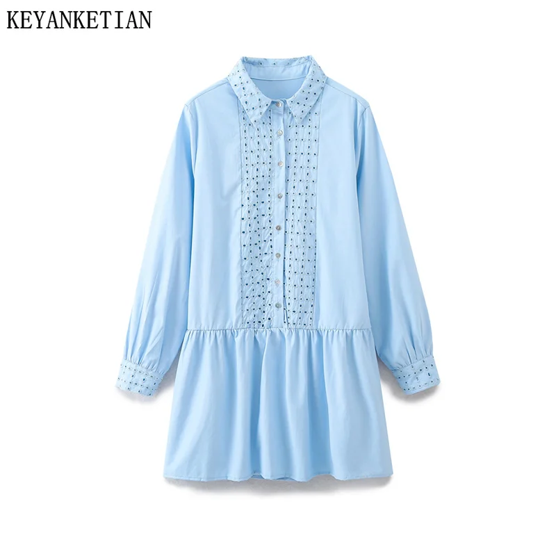 KEYANKETIAN-Mini vestido oco para mulheres, patchwork azul céu, vestidos soltos bordados, camisa popeline, vento de férias, novo lançamento, 2022