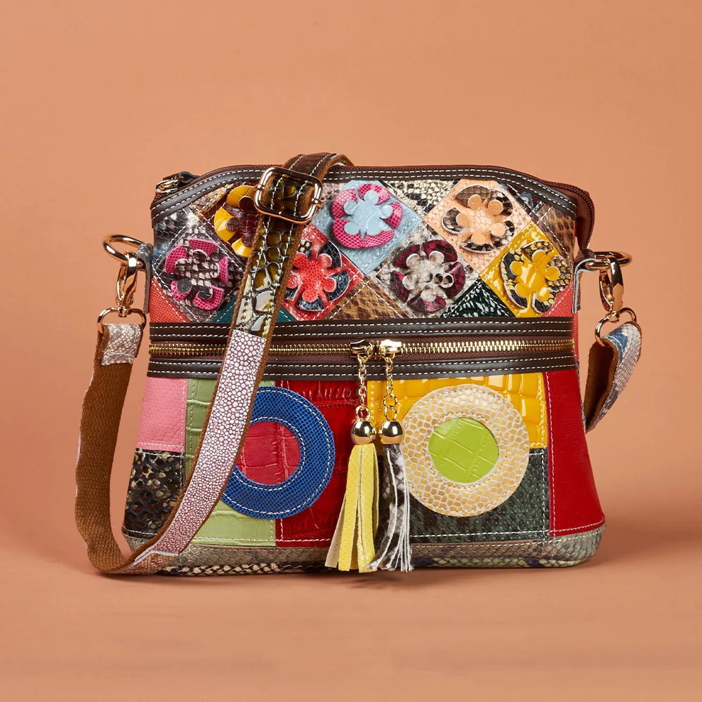

Cowhide Messenger Bag for Women: Waterproof Snake Print & Floral Design, Compact Crossbody Bag with Adjustable Tassel Strap