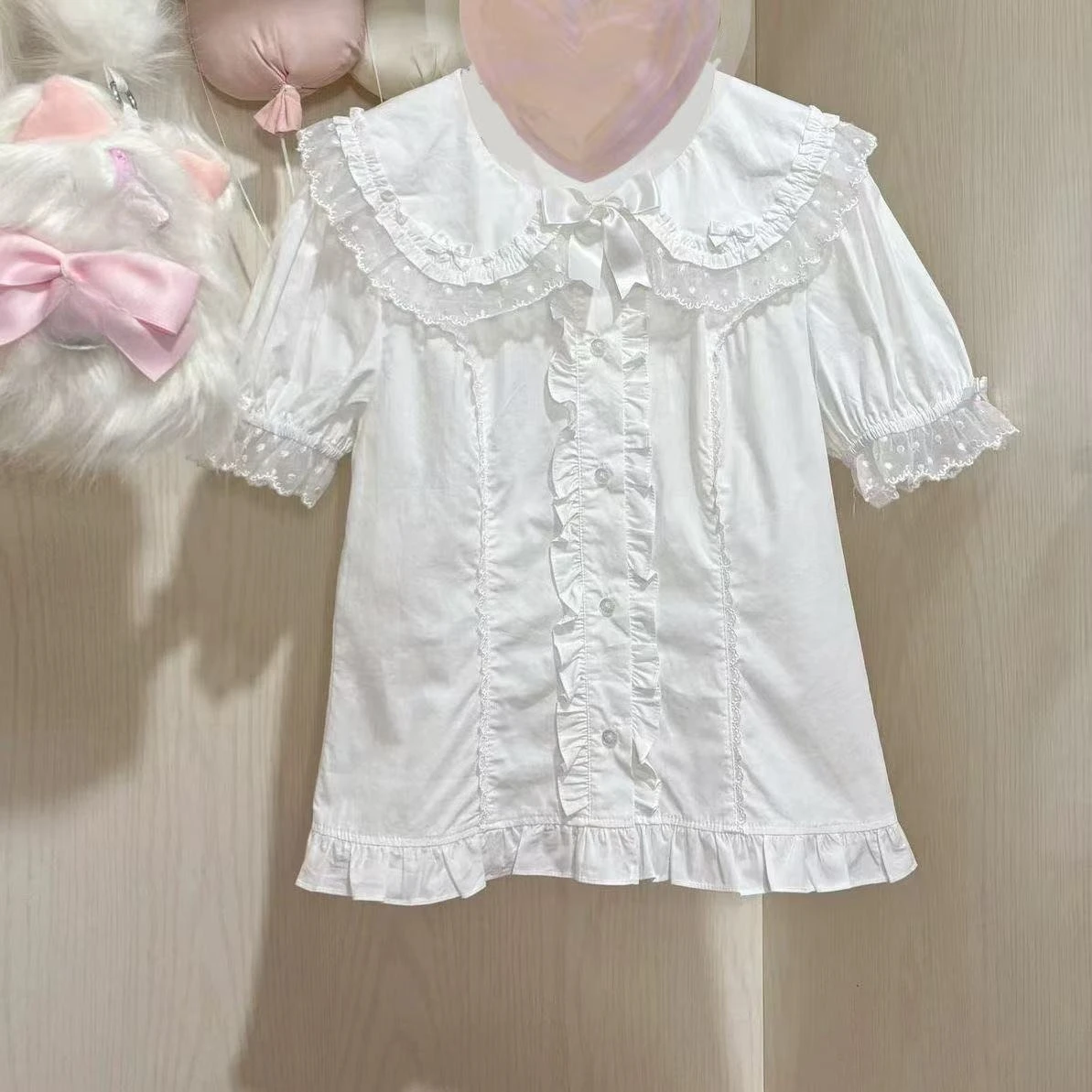 

Y2k Japanese Style Kawaii Slim T Shirts Women 2000s Harajuku Vintage Sweet Tops Korean Fashion Solid Lace Short Sleeve Blouses