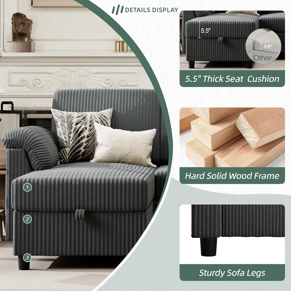 أريكة مقطعية قابلة للتحويل من قماش الكتان على شكل حرف L مكونة من 3 مقاعد مع مسند تخزين وجيوب جانبية لأثاث غرفة المعيشة المريحة #3