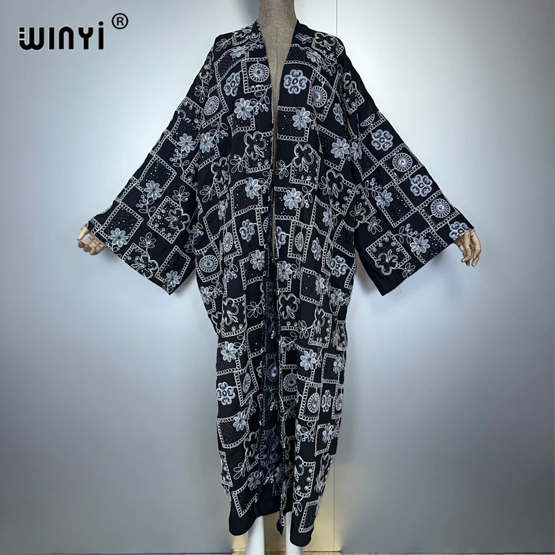 WINYI bestickte, paillettenbesetzte Denim-Strickjacke, langer Daunenmantel, lockeres Kleid, elegantes Party-Maxi-Feiertags-Schwimmen-Cover-Up, modischer Kimono