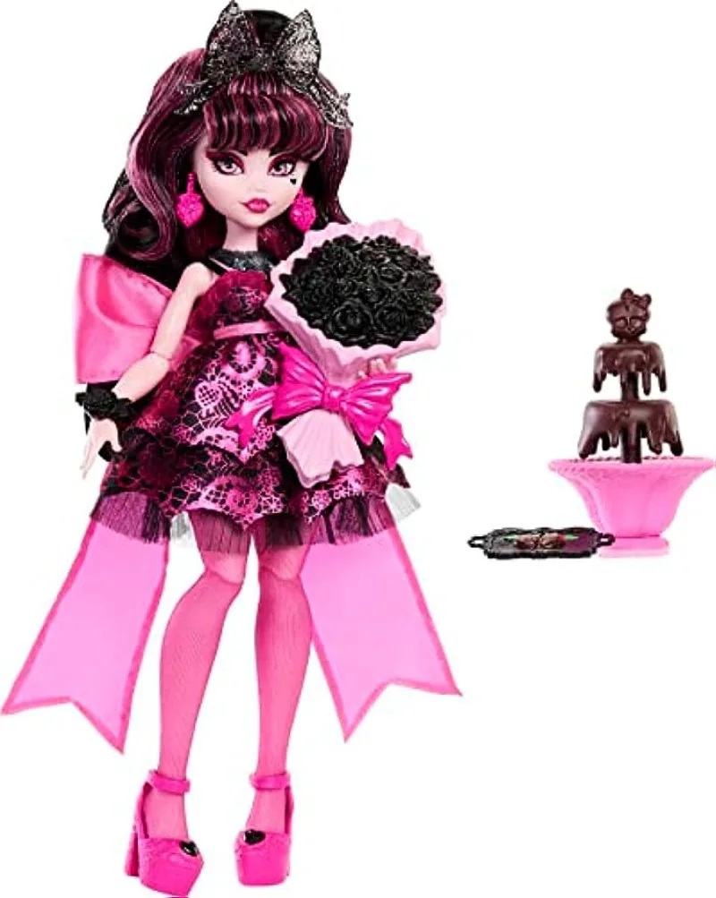 New Surprise Doll Monster High Draculaura Doll in Monster Ball Party Dress with Themed Accessories Like Chocolate Fountain