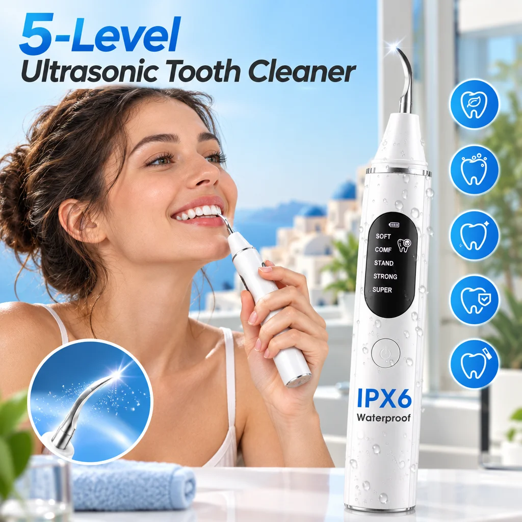 Ultrasonic Tooth Cleaner 5 Mode Sonic Scaler Dental Calculus Plaque Stain Remover IPX6 Waterproof Type-C Rechargeable Portable