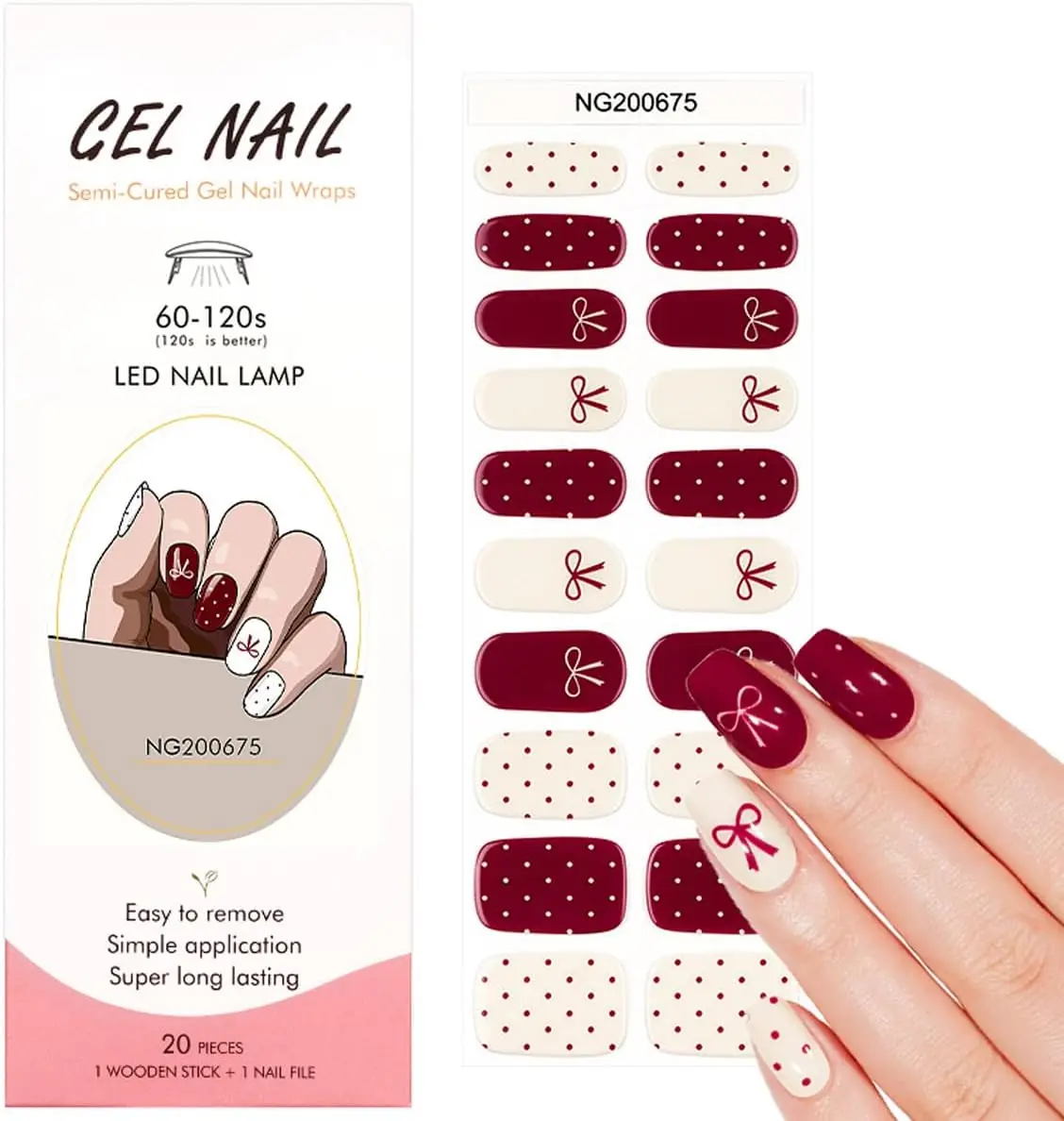 شرائط أظافر جل شبه معالجة من Polka Dot - 20 قطعة باللون العنابي مع فيونكة، أغطية طويلة الأمد على طراز الصالون، تتضمن ملف وعصا - UV/LED L