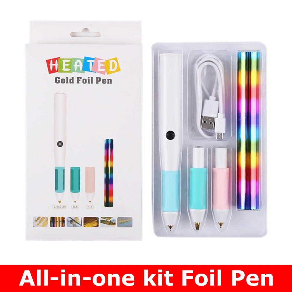 All-in-one Kit Hot Foil Pen with Colorful Heat-activated Foil USB Heat-resistant Grip DIY Shining Handwritten Interchange Tips