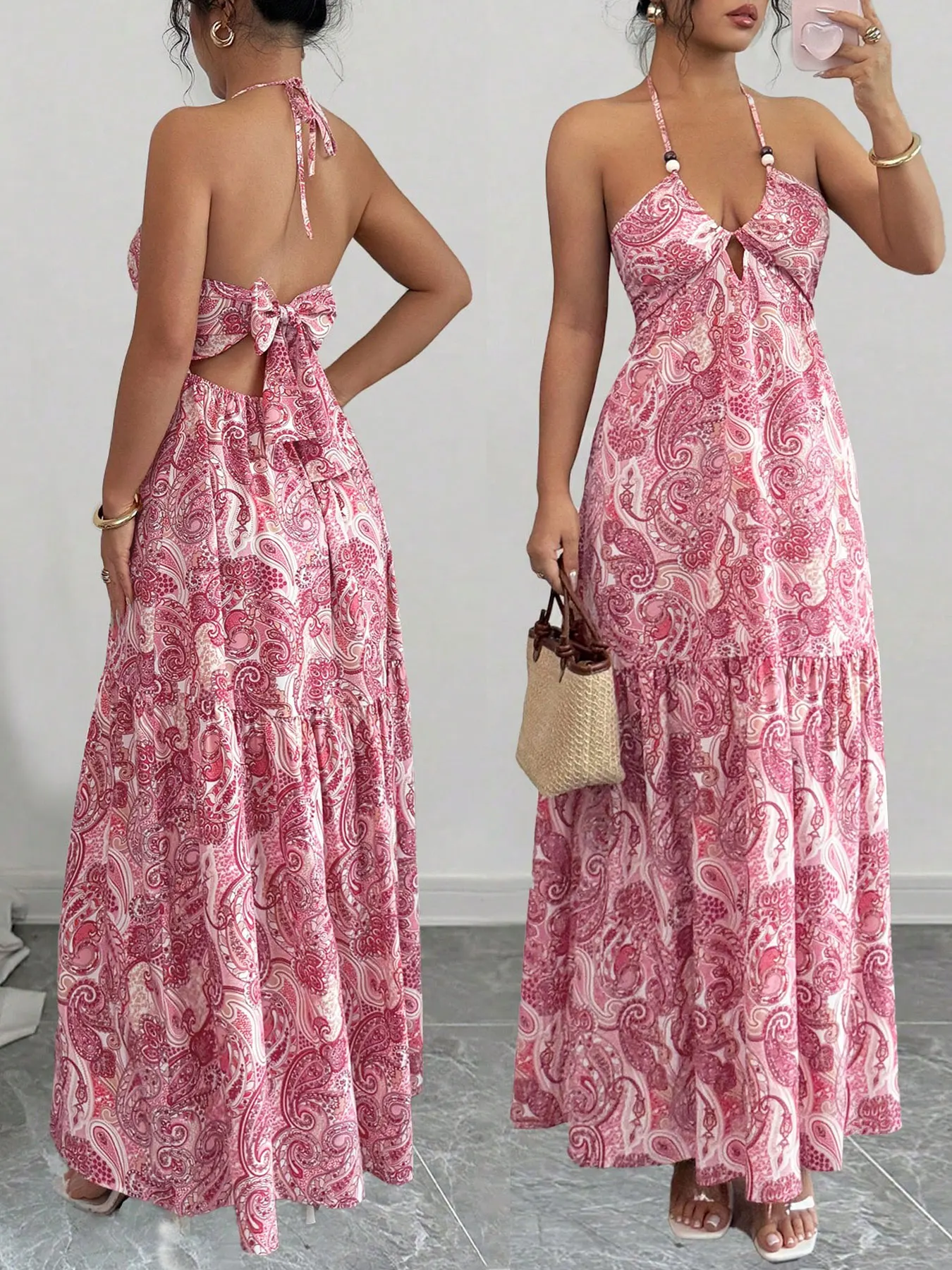 Robe Peleis à fleurs de noyer à col en V et fines bretelles, jupe trapèze double couche à perles en bois naturel et col halter